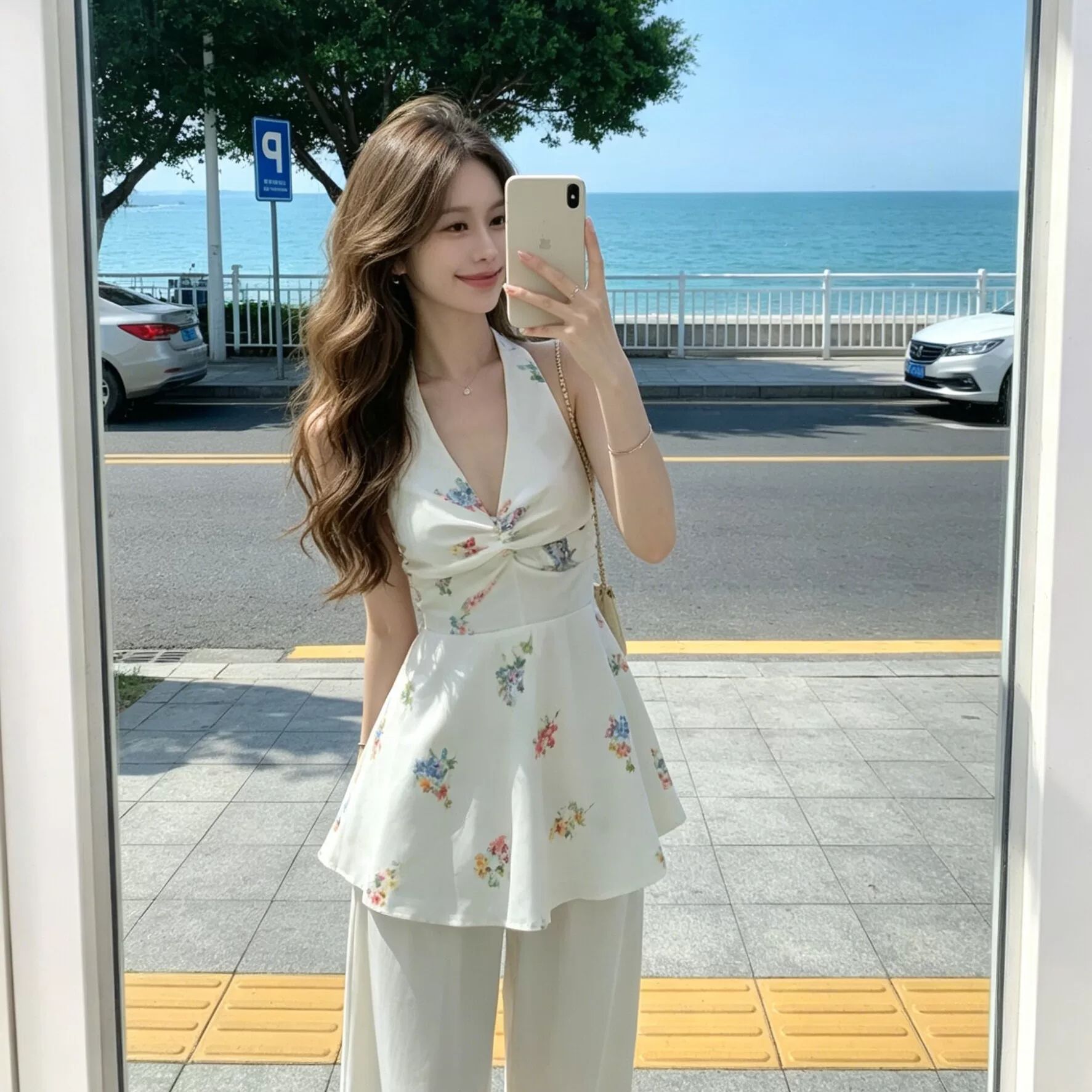 프랑스식 꽃무늬 행침 목 맨위 여성 여름 순수한 욕망 바람 비틀림 허리 수축 슬림해 보이는 백리스 민소매 품격 다용도 작은 셔츠