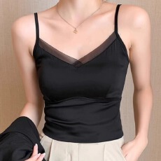 批发法式V领<b class='q'>吊带</b><b class='q'>背心</b>女带胸垫外穿美背<b class='q'>文胸</b>一体打底醋酸缎面真丝上衣
