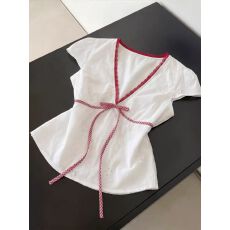 批发法式纯欲风蝴蝶结短袖<b class='q'>衬衫</b>女夏季小众镂空提花设计感时尚V领上衣