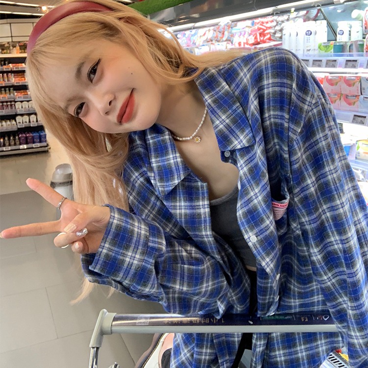 bigking 다이 킨 홈 파란색 격자 무늬 셔츠 맨위 여성 봄 루즈핏 레트로 긴팔 자외선 차단 셔츠 재킷