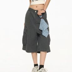 批发2026新款褶皱多口袋七分裤<b class='q'>男</b>女夏季宽松阔腿工装牛仔<b class='q'>短裤</b>