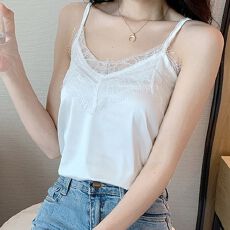 批发2026<b class='q'>春</b>夏新款性感V领上衣百搭优雅睫毛蕾丝拼接吊带背心打底衫