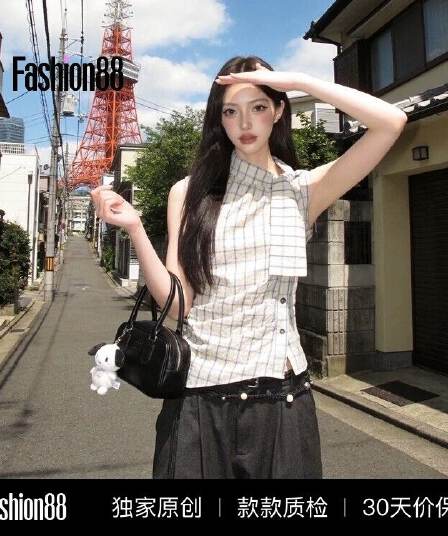 luamoss 면 100% 체크무늬 작은 터틀넥 레이스업 허리 수축 맨위 여성 새로운 슬림해 보이는 품격 다용도 셔츠