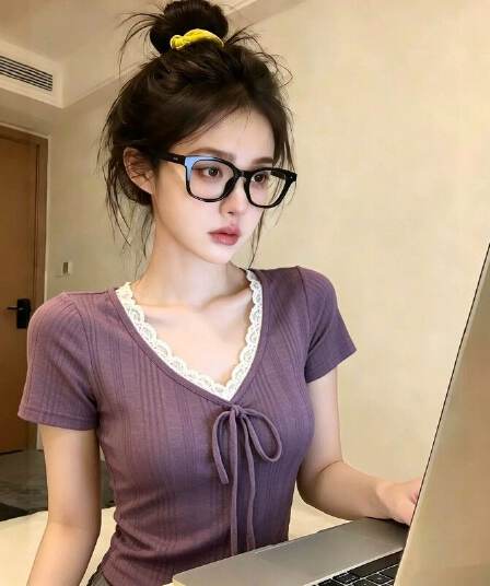 송 긍정적 인 En 보라색 V넥 레이스 스트랩 반팔 티셔츠 여성 여름 한 부서 몸매 가꾸기 슬림해 보이는 긍정적 인 어깨 다용도 작은 맨위