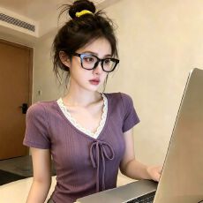 宋正恩紫色V领蕾丝绑带短袖t恤女夏季韩系修身显瘦正肩百搭小上衣