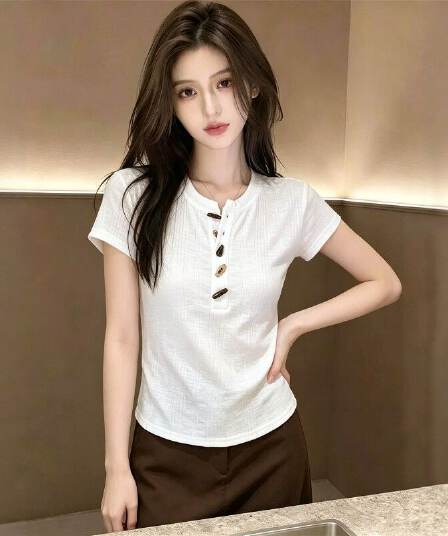 2026 여름 새로운 질감 센스 소뿔 버클 반팔 티셔츠 여성 작은 키 몸매 가꾸기 슬림해 보이는 다용도 인사이드 잡아라. 의류