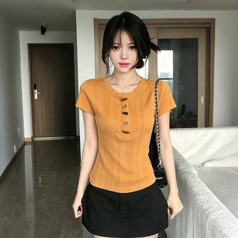 夏季新款肌理感牛角扣短袖t恤女小个子修身显瘦百搭内搭上衣 服裝批發女裝批發服飾貨源