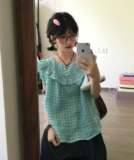 녹색 레몬 바다 소금 체크무늬 민소매 셔츠 조끼 레이스 맨위 디스플레이 화이트 품격 소녀 셔츠 신선함