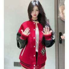 批发2026新款重磅美式街头红色棒球服外套女秋季潮牌刺绣夹克上衣