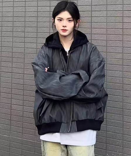 아메리칸 레트로 페이크 레이어드 후드 여성 코트 패션 레트로 조수 브랜드 디자인 센스 회색 가죽 재킷 루즈핏 맨위 트렌디