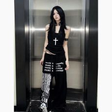 批发2026秋季<b class='q'>新款</b>高街音乐音符印花女潮嘻哈宽松阔腿直筒休闲运动长<b class='q'>裤</b>