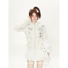 批发2026新款加绒轻亚风<b class='q'>甜美</b>波点连帽卫衣女秋卡通少女印花开衫短外套