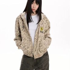批发2026<b class='q'>春</b>秋新款连帽夹克男女款豹纹印花休闲外套青年高端帅气上衣