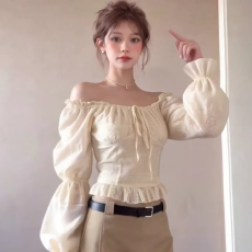 批发韩系温柔风一字肩上衣女 系带褶皱泡泡袖短款<b class='q'>雪纺衫</b>露肩辣妹小衫