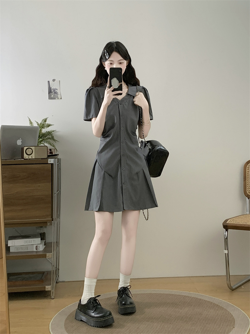실사 빅 사이즈 여름 펌프 Pleat 반팔 여성 드레스 몸매 가꾸기 슬림해 보이는 셔츠 드레스 표지 고기 지방 mm 정장 치마