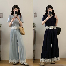 批发实拍 大码<b class='q'>蕾丝</b>拼接短袖上衣+阔腿裤遮肉显瘦两件套