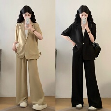 批发实拍 <b class='q'>大码</b>女装短袖西装套装夏季2026气质显瘦垂坠感阔腿裤两件套
