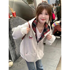 批发纯棉华棉复合薄款320克/加绒420克布面+手感印花<b class='q'>开衫</b>格子外套女