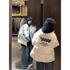 高品质手塞棉加厚冬季新款棉服三条杠宽松印花棉衣面包服女