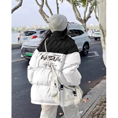 高品质手塞棉加厚冬季新款宽松插肩袖拼色印花棉衣棉服面包服女