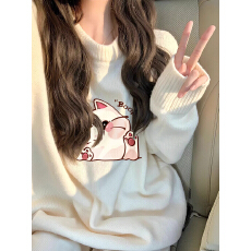 批发品控检验面料手感牢色度大升级厚实柔软秋冬宽松印花针织毛衣女