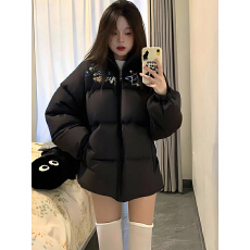 可退换高品质手塞棉不跑棉加厚冬季棉服宽松印花棉衣面包服女