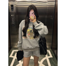 批发纯棉华棉复合薄款320克/加绒420克布面+手感印花宽松圆领卫衣女