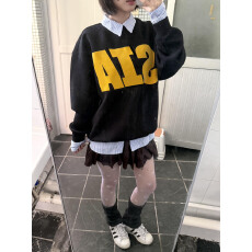 批发纯棉华棉复合薄款320克/加绒420克布面+手感印花宽松圆领卫衣女