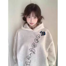 批发食毛华棉复合牛奶丝300克银狐绒400克前 印花无口袋连帽卫衣女