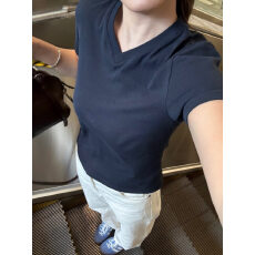 批发原版做法纯棉220克40支食毛+手感有弹力纯色修身收腰V领短袖t恤女