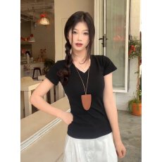 批发原版做法纯棉220克40支食毛+手感有弹力纯色修身收腰V领短袖t恤女
