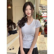 批发原版做法纯棉220克40支食毛+手感有弹力纯色修身收腰V领短袖t恤女