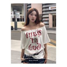 批发冰瓷棉32支原版纯棉拉架200克95棉5氨纶超爽滑斜露肩短袖T恤女