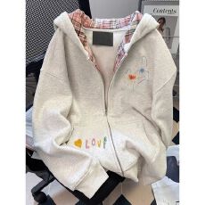 批发纯棉华棉复合薄款320克/加绒420克布面+手感印花开衫格子外套<b class='q'>女</b>