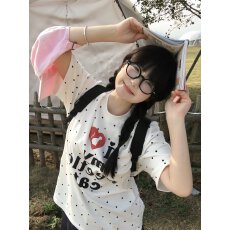 批发现货发泡印花波点印花（纯棉220克100%棉食毛手感）对版短袖t恤女