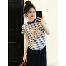 纯棉220克40支食毛+手感92棉8氨纶修身正肩色织条印花短袖T恤女