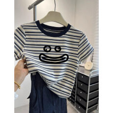 纯棉220克40支食毛+手感92棉8氨纶修身正肩色织条印花短袖T恤女