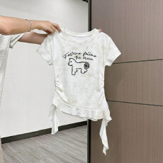 批发原版做法纯棉220克40支奥代尔食毛+手感修身收腰褶皱<b class='q'>不规则</b>T恤女