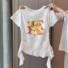 批发原版做法纯棉220克40支奥代尔食毛+手感修身收腰褶皱<b class='q'>不规则</b>T恤女