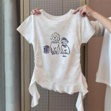 批发原版做法纯棉220克40支奥代尔食毛+手感修身收腰褶皱<b class='q'>不规则</b>T恤女