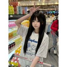 批发高品质纯棉220克19支食毛+手感超爽滑印花牛角袖条纹短袖T恤女