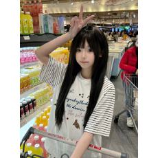批发高品质纯棉220克19支食毛+手感超爽滑印花牛角袖条纹短袖T恤女