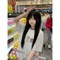批发高品质纯棉220克19支食毛+手感超爽滑印花牛角袖条纹短袖T恤女