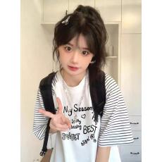 批发高品质纯棉220克19支食毛+手感超爽滑印花牛角袖条纹短袖T恤女