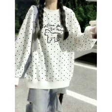 批发纯棉华棉复合薄款320克/加绒420克布面+手感印花波点<b class='q'>卫衣</b>女