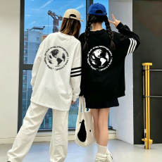 批发高品质纯棉220克19支食毛+手感超爽滑印花条杠罗纹束口<b class='q'>长袖</b><b class='q'>T</b><b class='q'>恤</b>女