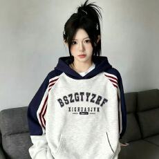 批发纯棉华棉复合薄款320克/加绒420克布面+手感印花拼色三条杠<b class='q'>卫衣</b>女