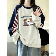批发纯棉华棉复合薄款320克/加绒420克布面+手感印花拼色三条杠<b class='q'>卫衣</b>女