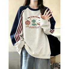 批发纯棉华棉复合薄款320克/加绒420克布面+手感印花拼色三条杠<b class='q'>卫衣</b>女