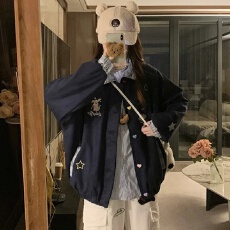 批发2026春秋<b class='q'>新款</b>美式翻领格子棒球服外套小狗刺绣宽松<b class='q'>情侣</b><b class='q'>百搭</b>夹克